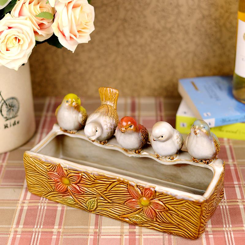 钥匙零钱杂物收纳盘 玄关鞋柜床头柜摆件 群鸟闲趣 多肉植物花盆