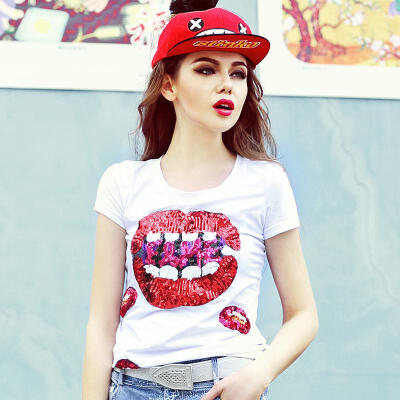 玛玛绨夏装白色红唇t恤亮片印花潮上衣女短款修身欧洲站2015