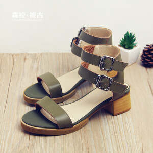 日系森女系夏新款文艺复古中跟凉鞋一字扣带露趾罗马凉鞋粗跟女鞋