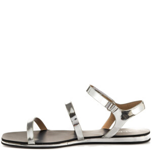 欧美夏季一字魔术贴方头简约真皮平底细带罗马凉鞋女平跟银色小码