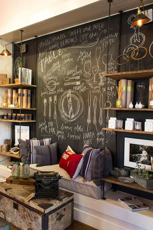 industry-home; chalkboard wall behind shop display. Such a cool industrial look behind shelving &amp;amp; would work at home as well!