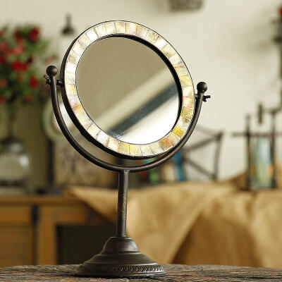 高档欧式铁艺复古怀旧艺术镜子家居装饰品 圆形台式化妆镜梳妆镜