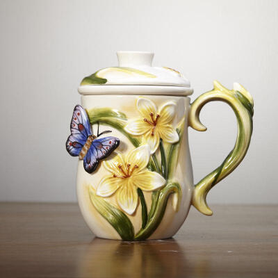 陶瓷有柄过滤网茶杯茶网蝶舞咖啡杯茶叶茶隔杯子蝴蝶带杯盖泡茶杯