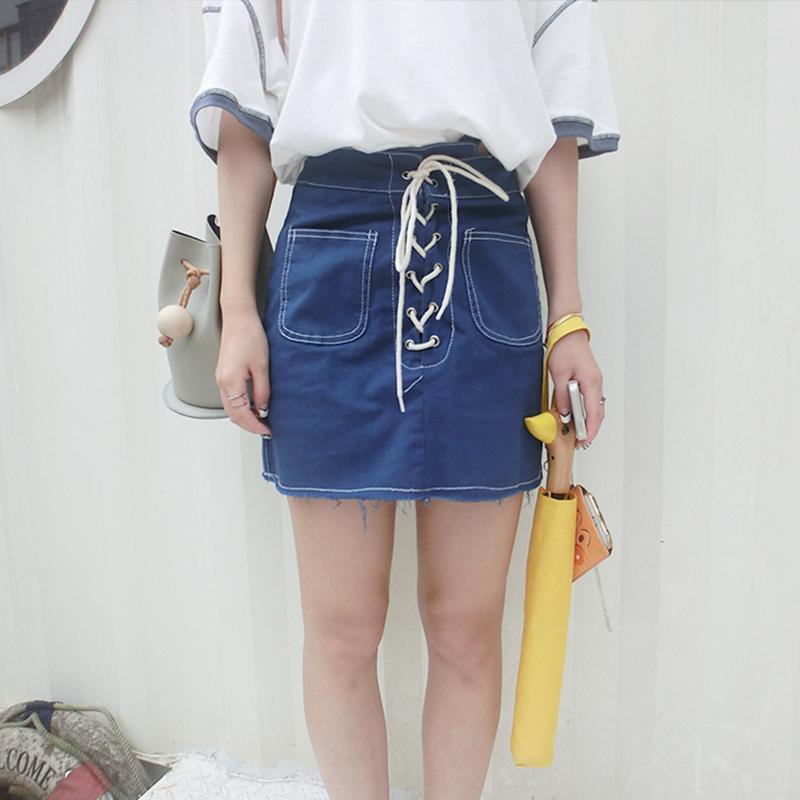 twinking2015夏季韩国包臀牛仔蓝A字裙复古高腰系带短裙