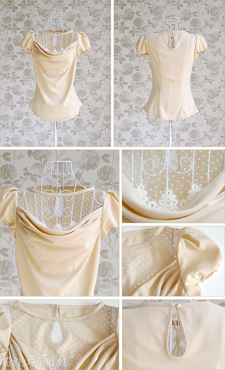 时尚气质蕾丝花边圆领修身泡泡短袖衬衫