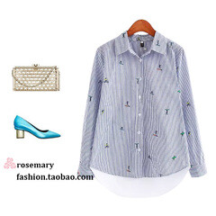 【玫瑰】外贸原单尾单女装尾货剪标韩国学生条纹显瘦衬衣女士衬衫