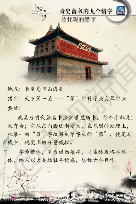 【青史留名的九个“错字”:背后有典故 “错”得恰到好处】国内许多著名景区牌匾上都有“错别字”。但这样的字都“错得有理”，有些是为了避讳，有的是讲究书法中的对称，有的是经历了文化变迁发生改变……最终都成为后人传说的一段佳话。这些“错字”你都留意到了吗？（央视新闻）