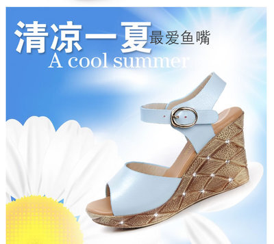 正品2015夏真皮鱼嘴韩版橡胶系带纯色水钻坡跟凉鞋