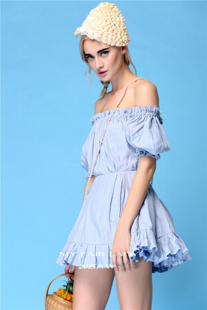 To My Fair Lady 15优雅复古度假赫本风公主气质蓝色褶皱显高蓬裙连衣裙