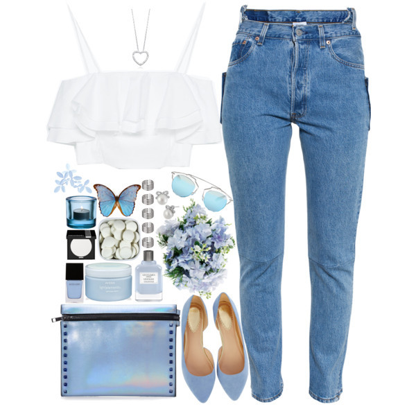 A fashion look from July 2015 featuring white ruffle tank, highwaist jeans and pointed flat shoes. Browse and shop related looks.