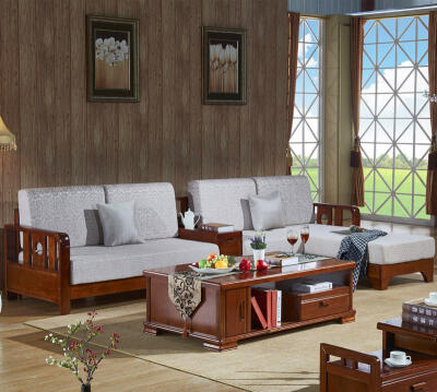 千巢家居 简约中式实木沙发 现代木质客厅转角布沙发组合 家具
