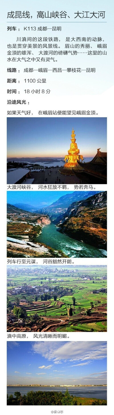 【8张火车票，带你走遍最美中国】你有多久没有旅行了？是否想找个时间放空自己，跟着火车的节奏享受窗外大自然的美妙变化，远离都市的喧嚣。全国8条最美火车旅行线路推荐，详细请戳图，朋友们转起收藏吧！