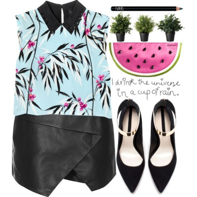 A fashion look from July 2015 featuring blue crop top, black blouse and golf skirts. Browse and shop related looks.