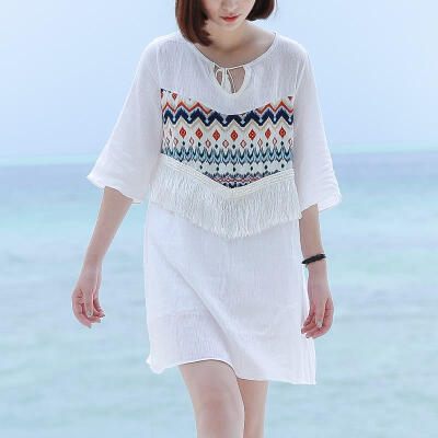 {推荐}度假风 皱褶棉麻流苏连衣裙 两色入