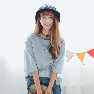 破洞T恤女 2015夏装纯色韩版中长款宽松显瘦圆领五分袖打底衫潮