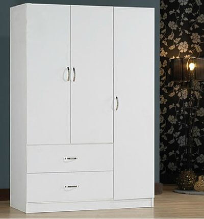 雨蒙特价白色三门衣柜 抽屉板式卧室整体收纳柜 木简易衣橱促销