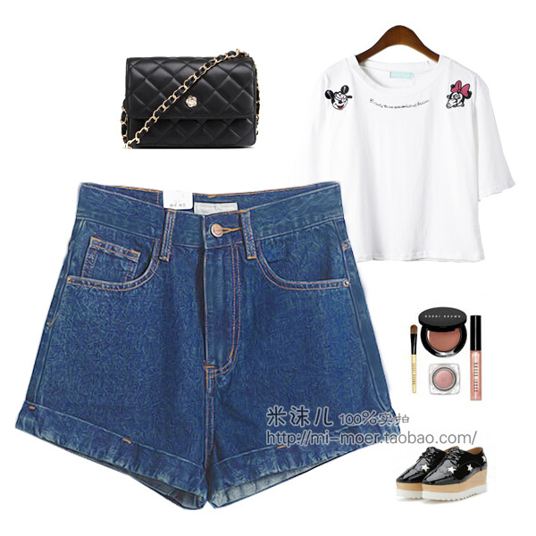 2015韩国东大门高腰牛仔短裤 卷边阔脚裤子 女 大码宽松百搭热裤