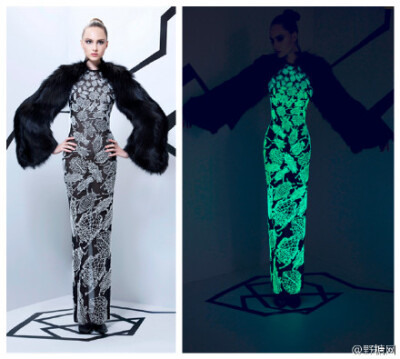 黑暗系女王美爆了！Rami Kadi Haute Couture FW 2015荧光手工刺绣甲虫。尸鳖的既视感有木有~~晚上穿这个出来吓人O网页链接