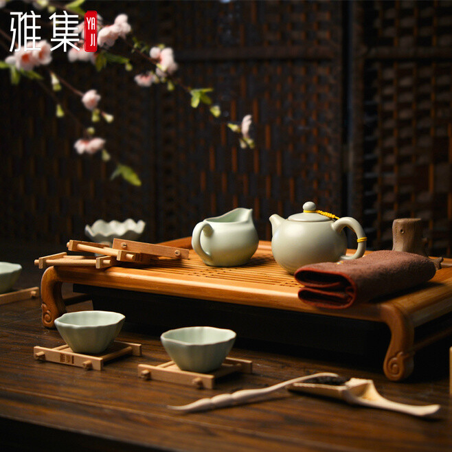 新品【雅集】青照汝窑整套功夫茶具 茶道竹茶盘陶瓷 套装特价包邮 #整套# #茶具#