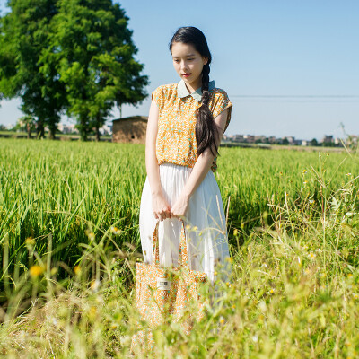 猫娘志 文艺清新polo领碎花衬衫女复古女装无袖上衣薄款衬衣夏