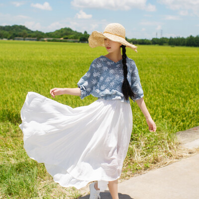 猫娘志 文艺清新长款大摆裙半身裙长裙夏森女系女装复古冰丝裙子