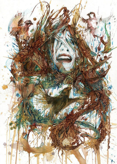 Carne Griffiths，英国艺术家、插画师，其作品善于追求线条与画面的结合，风格独特，而且常用墨水与不同的茶叶、咖啡、白兰地等混合成颜料，用来将他的作品涂画在灯箱上，当灯光强弱变化时，他的画作也会随之变化，…