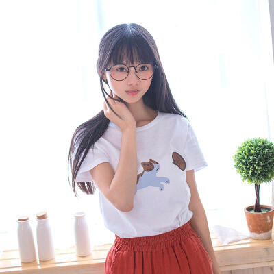 猫呗 夏季 日系森女 纯棉卡通字母猫咪印花圆领短袖T恤 女