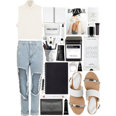 A fashion look from August 2015 featuring white tops, distressed jeans and office shoes. Browse and shop related looks.