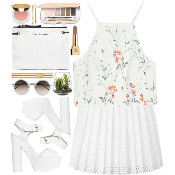 A fashion look from August 2015 featuring crop top, white skirt and platform sandals. Browse and shop related looks.