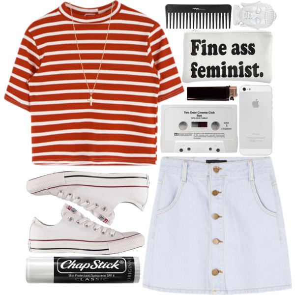 A fashion look from July 2015 featuring red top, denim skirt and converse shoes. Browse and shop related looks.