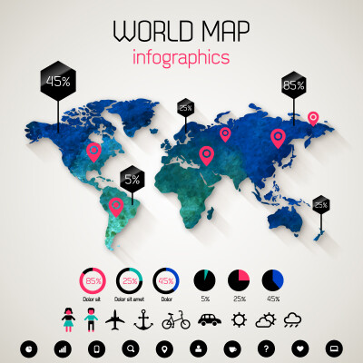精致世界地图信息图矢量素材，素材格式：EPS，素材关键词：图标,信息图,世界地图