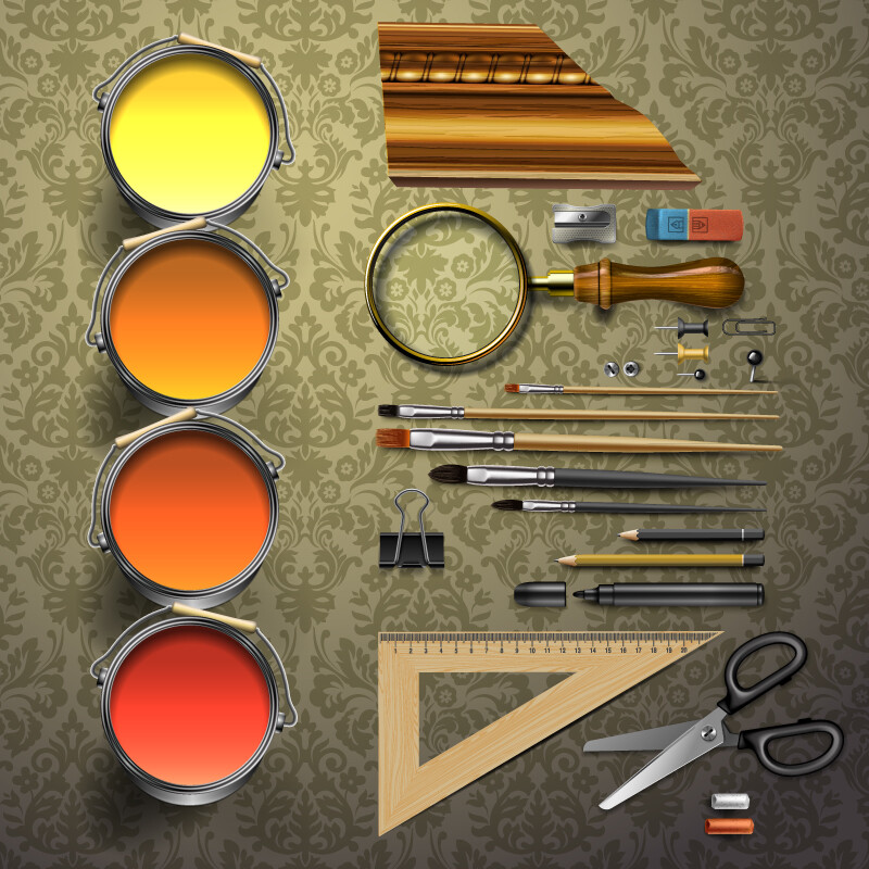 装潢设计工具矢量素材，素材格式：AI，素材关键词：花纹,颜料桶,图钉,曲别针,放大镜,剪刀,设计,橡皮,三角尺,装潢