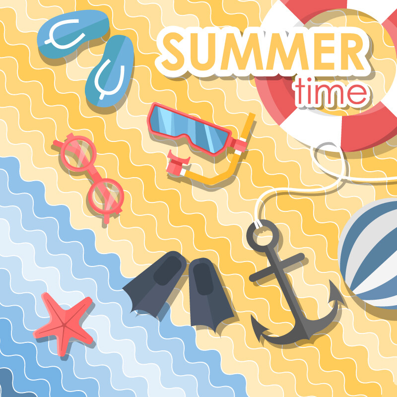 夏日沙滩剪贴画矢量素材，素材格式：EPS，素材关键词：度假,沙滩,夏日,海滩