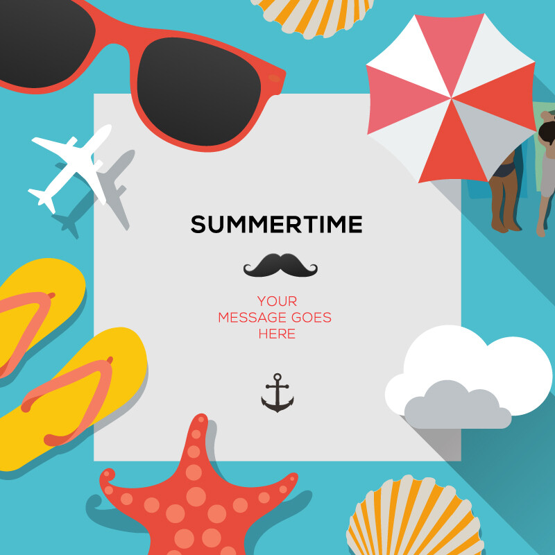 创意夏日度假背景矢量素材，素材格式：EPS，素材关键词：夏日,太阳镜,海星,飞机,矢量背景,休假