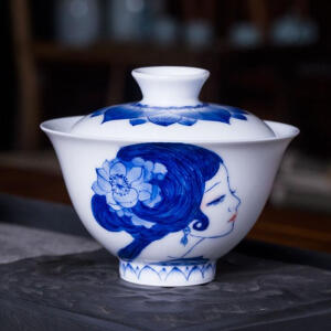 景德镇全手绘 青花加彩初见无托盖碗  泡茶碗 品茗杯陶瓷功夫茶具