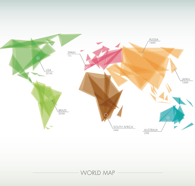 清新彩色世界地图矢量素材，素材格式：AI，素材关键词：几何形,世界地图,地理