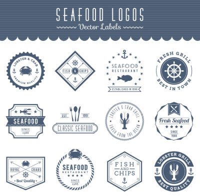 12款海洋食品和海鲜标签矢量素材，素材格式：AI，素材关键词：龙虾,海鲜,标签,鱼,螃蟹,餐厅,海产品