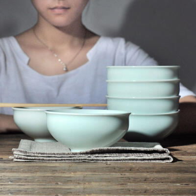 高端天青纯色米饭碗套装 创意优质加厚如玉宫廷碗组合 防烫小汤碗