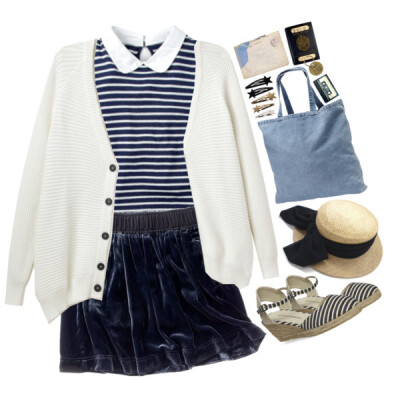 A fashion look from April 2015 featuring white v neck cardigan, long blue skirt and blue wedge shoes. Browse and shop related looks.