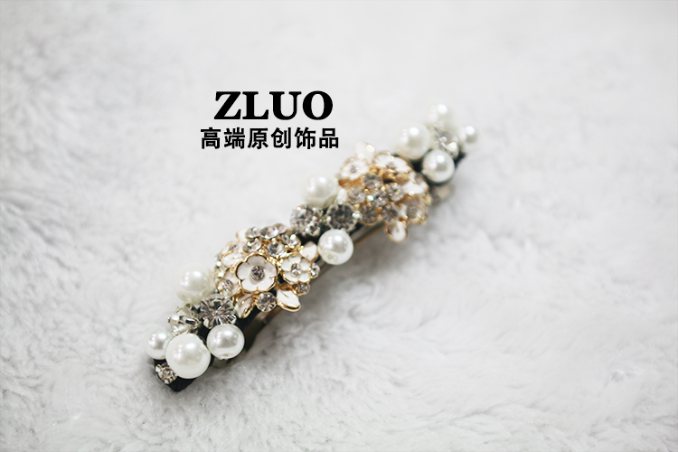 ZLUO高端原创饰品 高端时尚水钻珍珠顶夹 弹簧夹 手工镶嵌