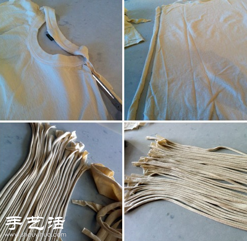 2.淘汰的旧T恤、剪刀、胶布。旧T恤变废为宝手工制作装饰用编织绳 - www.shouyihuo.com