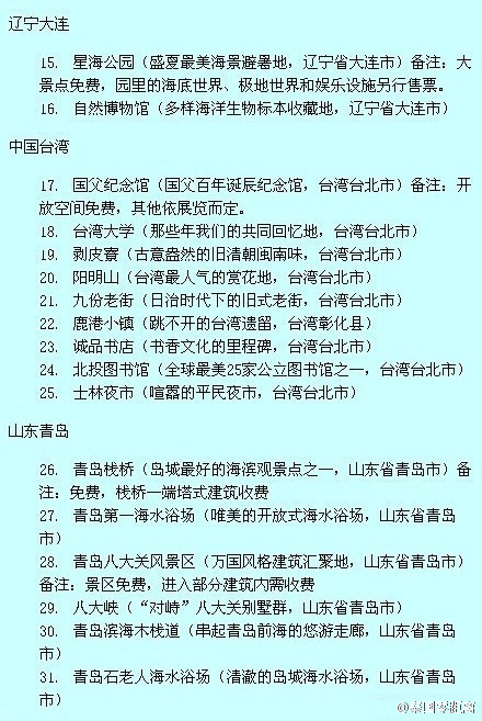 【2015最新版全国各省市免费景点】全国免费景点从99个增到198个，以后到哪里都不怕找不到地方玩了。喜欢旅行的火速mark！