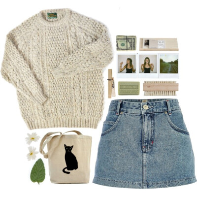 A fashion look from August 2015 featuring wool jumper, blue mini skirt and brown tote. Browse and shop related looks.