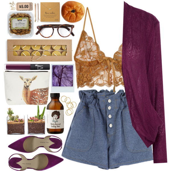 A fashion look from August 2015 featuring purple cardigan, transparent bra and slingback shoes. Browse and shop related looks.