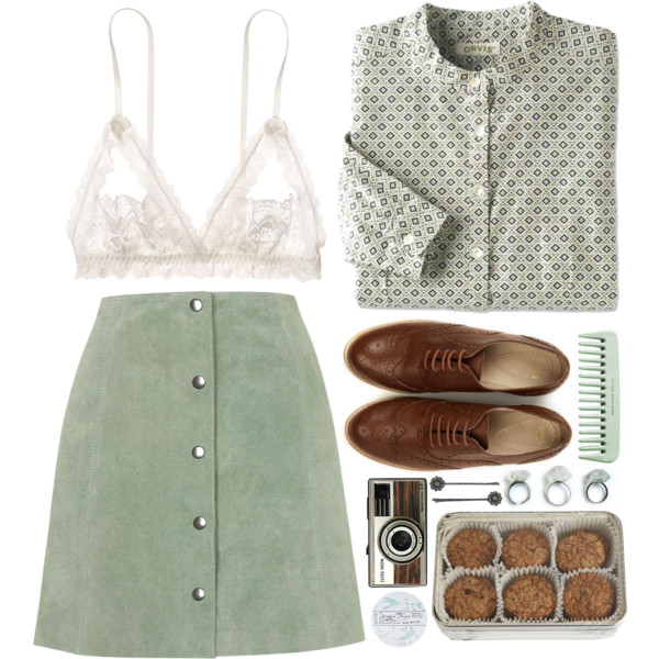 A fashion look from August 2015 featuring white long sleeve shirt, women skirts and lace bra. Browse and shop related looks.