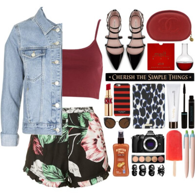 A fashion look from August 2015 featuring red crop shirt, blue jean jacket and flower print shorts. Browse and shop related looks.