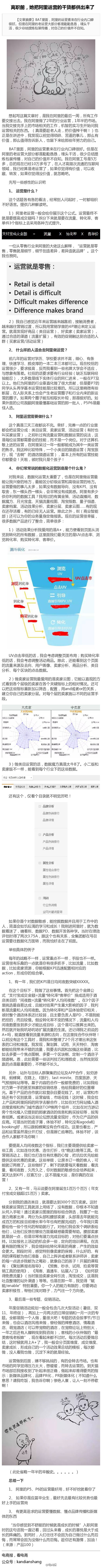 【离职前，她把阿里运营的干货都供出来了】一位工号为五万多的阿里运营员工分享的运营干货！BAT里面，阿里的运营素来在行业内口碑很好。但是在阿里的老运营大部分都是勤勤恳恳，埋头干活，很少总结提炼包装传播，对自己的价值并不自知。