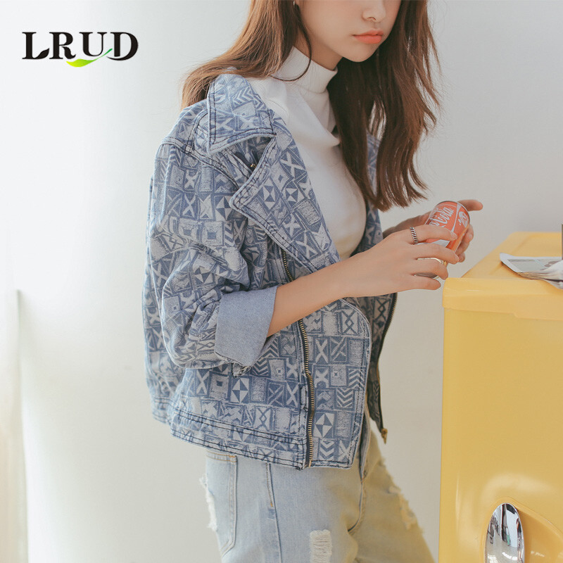 LRUD2015秋季新款韩版做旧印花修身牛仔外套女显瘦长袖短外套