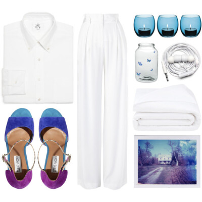 A fashion look from September 2015 featuring white wide leg trousers, stacked heel sandals and white euro pillow shams. Browse and shop related looks.