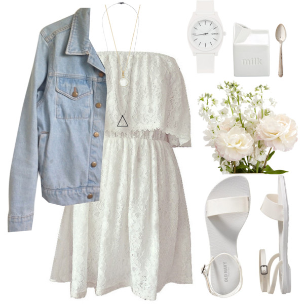 A fashion look from March 2015 featuring white lace dress, denim jacket and ankle strap shoes. Browse and shop related looks.